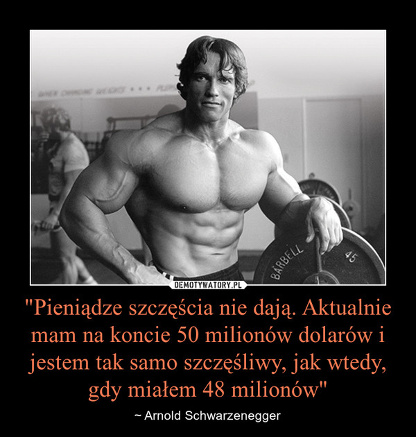"Pieniądze szczęścia nie dają. Aktualnie mam na koncie 50 milionów dolarów i jestem tak samo szczęśliwy, jak wtedy, gdy miałem 48 milionów" – ~ Arnold Schwarzenegger 