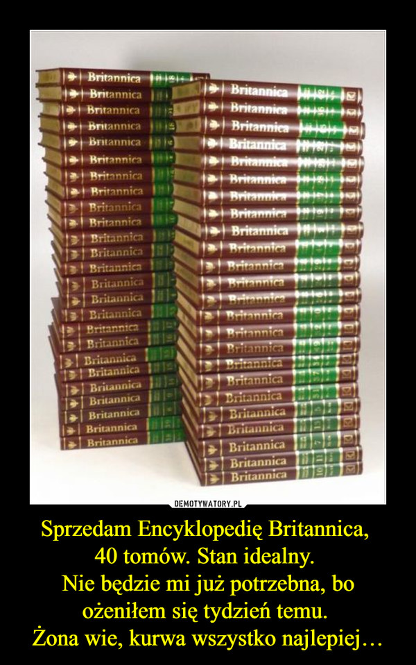 Sprzedam Encyklopedię Britannica, 40 tomów. Stan idealny. Nie będzie mi już potrzebna, boożeniłem się tydzień temu. Żona wie, kurwa wszystko najlepiej… –  