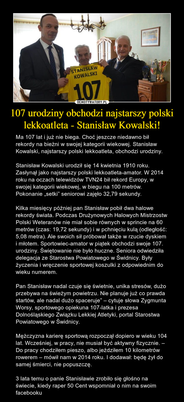 107 urodziny obchodzi najstarszy polski lekkoatleta - Stanisław Kowalski!