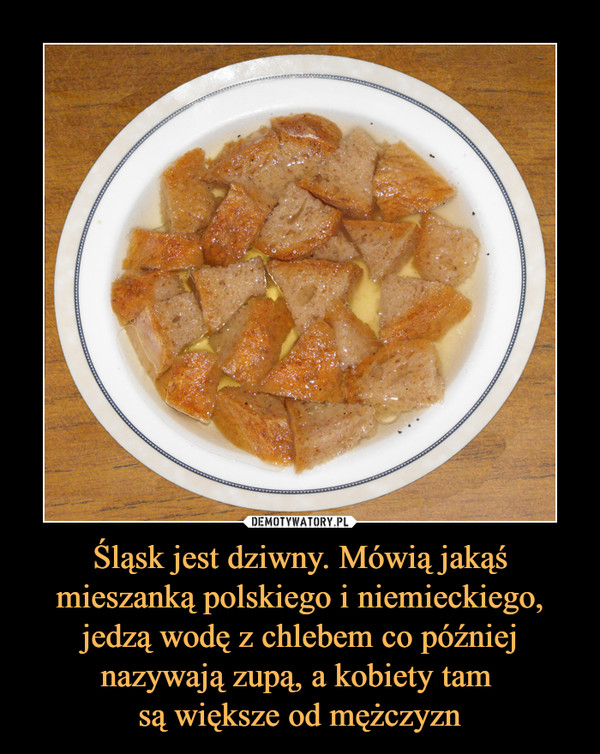 Śląsk jest dziwny. Mówią jakąś mieszanką polskiego i niemieckiego, jedzą wodę z chlebem co później nazywają zupą, a kobiety tam są większe od mężczyzn –  
