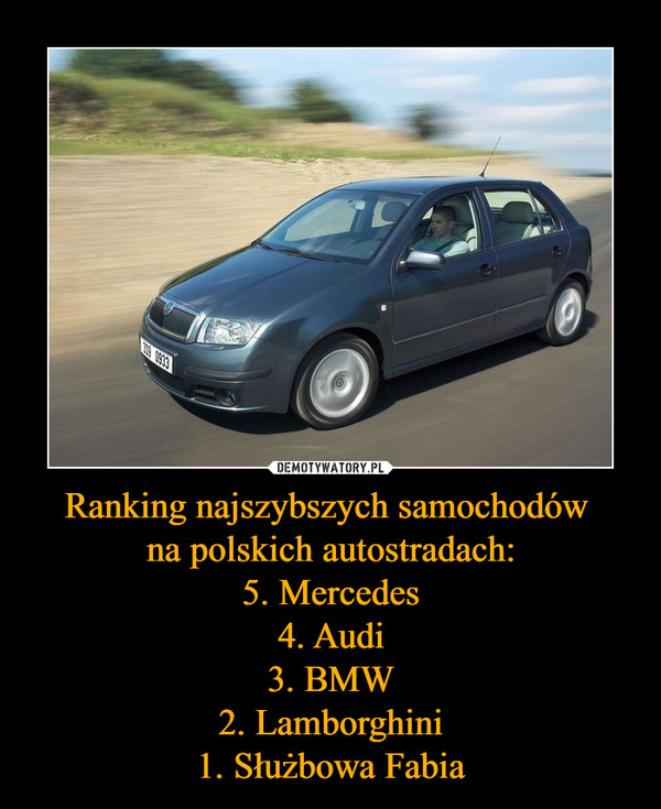 Ranking najszybszych samochodów na polskich autostradach:5. Mercedes4. Audi3. BMW2. Lamborghini1. Służbowa Fabia –  