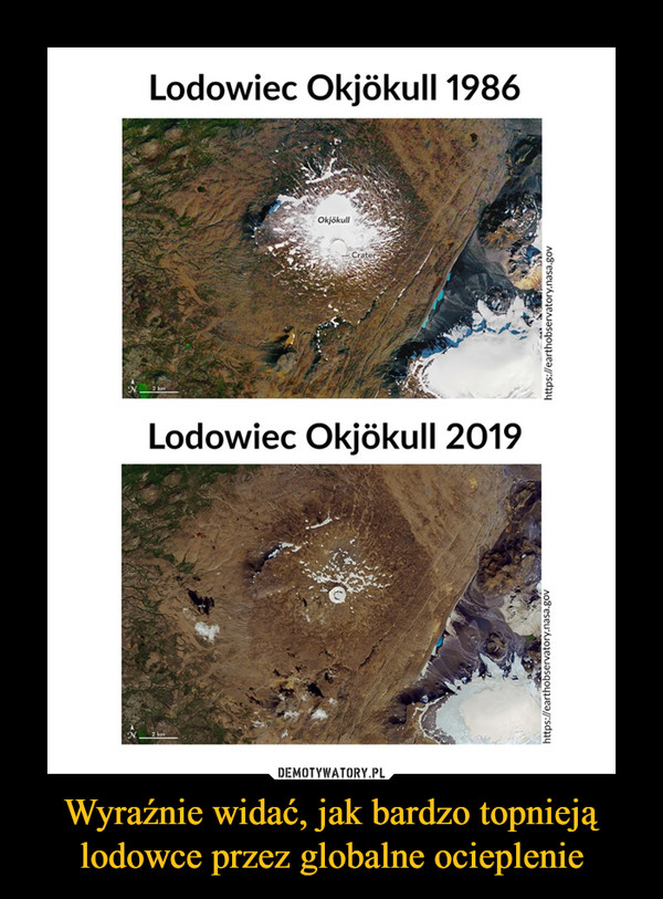 Wyraźnie widać, jak bardzo topnieją lodowce przez globalne ocieplenie –  Lodowiec Okjokull 1986 Lodowiec Okjokull 2019