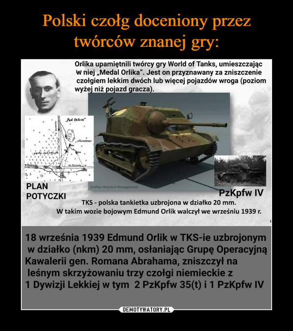  –  Orlika upamiętnili twórcy gry World of Tanks, umieszczając W niej „Medal Orlika". Jest on przyznawany za zniszczenie czołgiem lekkim dwóch lub więcej pojazdów wroga (poziom wyże' niż pojazd  gracza).  PLAN POTYCZKI zKpfw IV TKS - polska tankietka uzbrojona w działko 20 mm. W takim wozie bojowym Edmund Orlik walczył we wrześniu 1939 r. 18 września 1939 Edmund Orlik w TKS-ie uzbrojonym w działko (nkm) 20 mm, osłaniając Grupę Operacyjną Kawalerii gen. Romana Abrahama, zniszczył na leśnym skrzyżowaniu trzy czołgi niemieckie z 1 Dywizji Lekkiej w tym 2 PzKpfw 35(t) i 1 PzKpfw IV