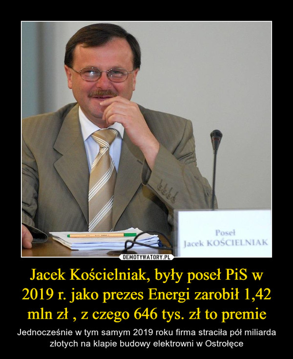 Jacek Kościelniak, były poseł PiS w 2019 r. jako prezes Energi zarobił 1,42 mln zł , z czego 646 tys. zł to premie – Jednocześnie w tym samym 2019 roku firma straciła pół miliarda złotych na klapie budowy elektrowni w Ostrołęce 