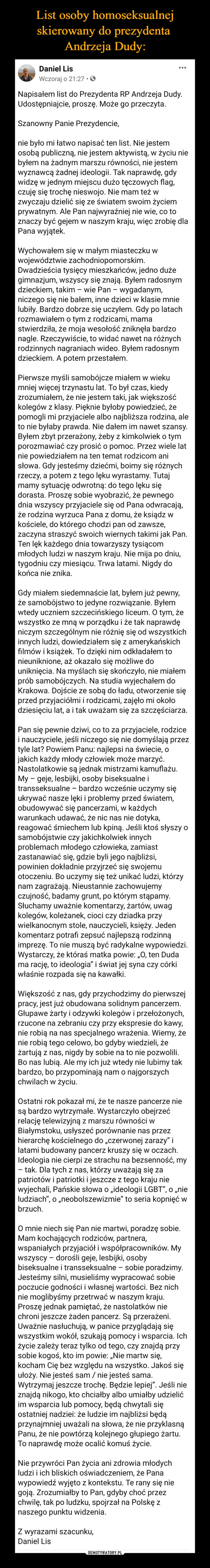 List osoby homoseksualnej skierowany do prezydenta 
Andrzeja Dudy: