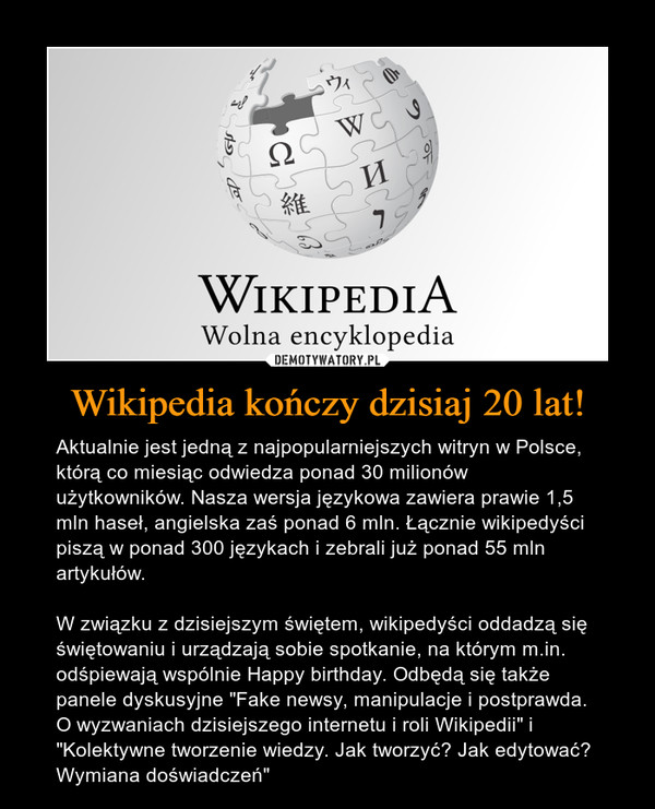 Wikipedia kończy dzisiaj 20 lat!