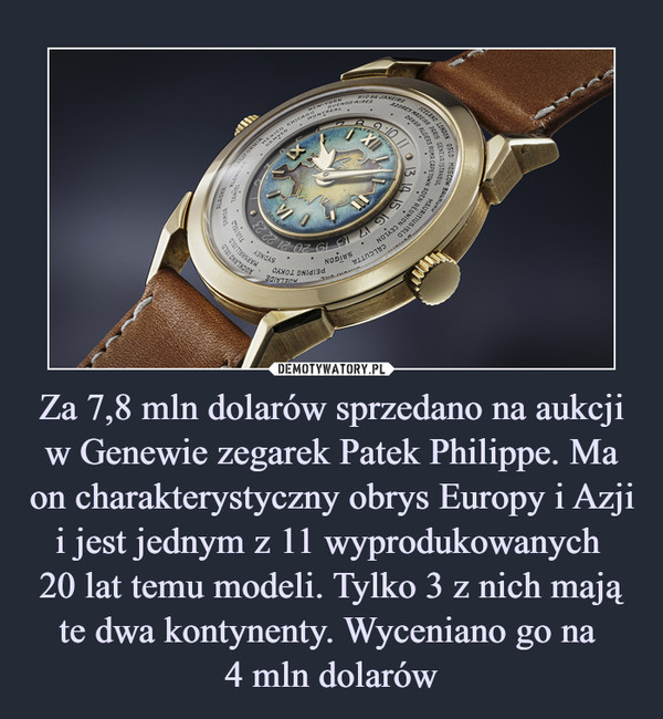 Za 7,8 mln dolarów sprzedano na aukcji w Genewie zegarek Patek Philippe. Ma on charakterystyczny obrys Europy i Azji i jest jednym z 11 wyprodukowanych 20 lat temu modeli. Tylko 3 z nich mają te dwa kontynenty. Wyceniano go na 4 mln dolarów –  