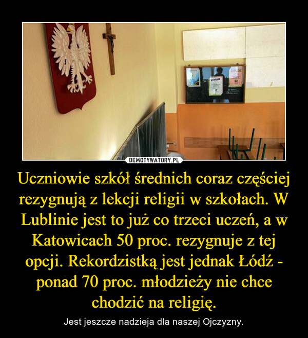 Uczniowie szkół średnich coraz częściej rezygnują z lekcji religii w szkołach. W Lublinie jest to już co trzeci uczeń, a w Katowicach 50 proc. rezygnuje z tej opcji. Rekordzistką jest jednak Łódź - ponad 70 proc. młodzieży nie chce chodzić na religię. – Jest jeszcze nadzieja dla naszej Ojczyzny. 
