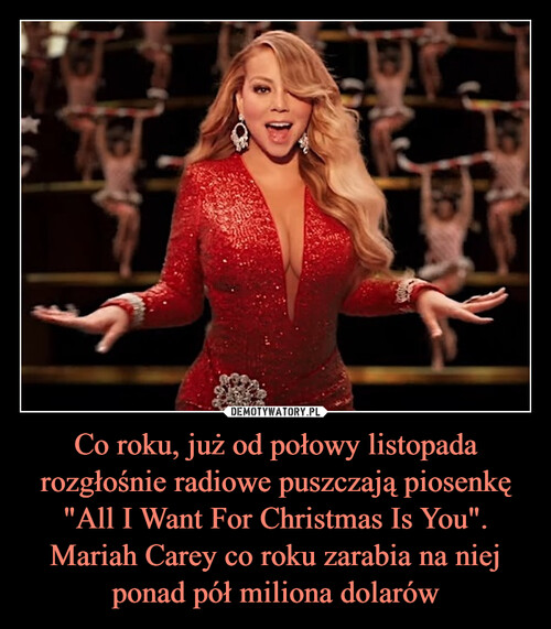 Co roku, już od połowy listopada rozgłośnie radiowe puszczają piosenkę "All I Want For Christmas Is You".
Mariah Carey co roku zarabia na niej ponad pół miliona dolarów