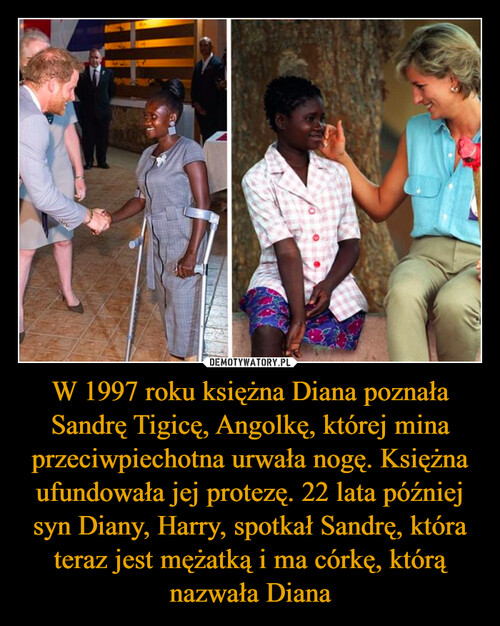 W 1997 roku księżna Diana poznała Sandrę Tigicę, Angolkę, której mina przeciwpiechotna urwała nogę. Księżna ufundowała jej protezę. 22 lata później syn Diany, Harry, spotkał Sandrę, która teraz jest mężatką i ma córkę, którą nazwała Diana
