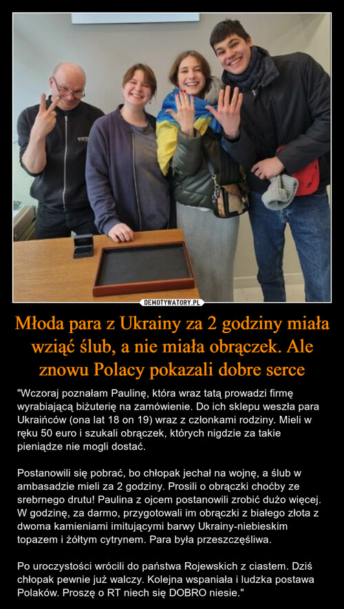 Młoda para z Ukrainy za 2 godziny miała wziąć ślub, a nie miała obrączek. Ale znowu Polacy pokazali dobre serce