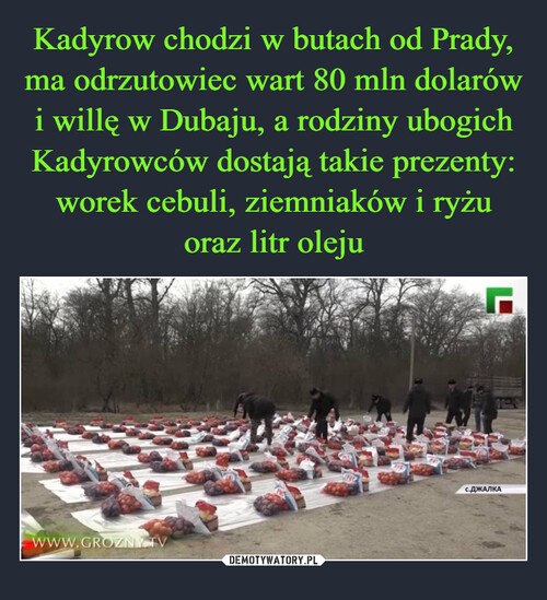 Kadyrow chodzi w butach od Prady, ma odrzutowiec wart 80 mln dolarów i willę w Dubaju, a rodziny ubogich Kadyrowców dostają takie prezenty: worek cebuli, ziemniaków i ryżu oraz litr oleju