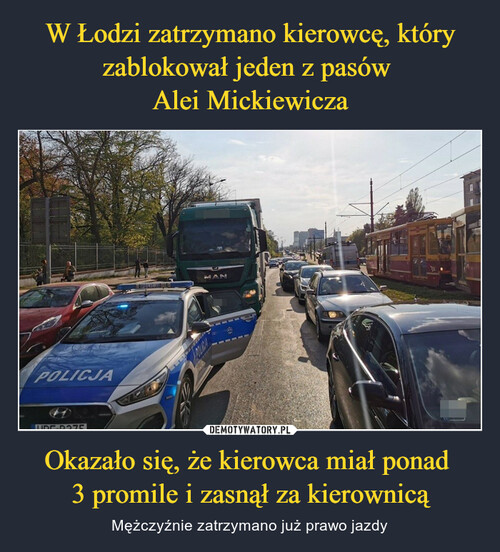 W Łodzi zatrzymano kierowcę, który zablokował jeden z pasów 
Alei Mickiewicza Okazało się, że kierowca miał ponad 
3 promile i zasnął za kierownicą