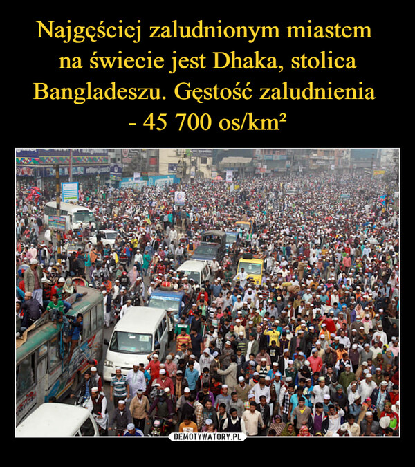 Najgęściej zaludnionym miastem 
na świecie jest Dhaka, stolica Bangladeszu. Gęstość zaludnienia 
- 45 700 os/km²