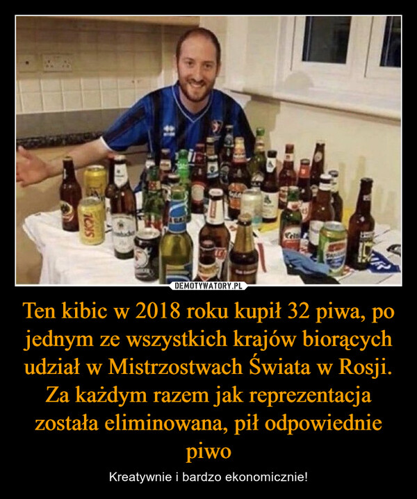 Ten kibic w 2018 roku kupił 32 piwa, po jednym ze wszystkich krajów biorących udział w Mistrzostwach Świata w Rosji. Za każdym razem jak reprezentacja została eliminowana, pił odpowiednie piwo – Kreatywnie i bardzo ekonomicznie! 
