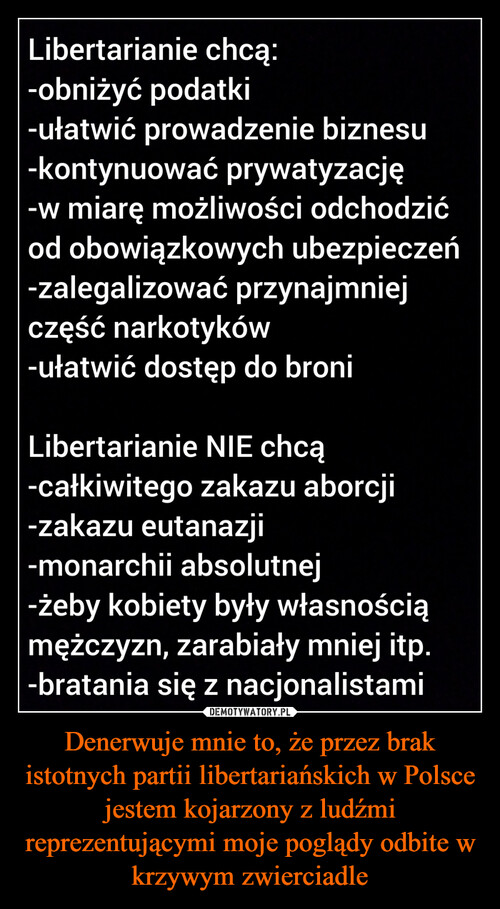 Denerwuje mnie to, że przez brak istotnych partii libertariańskich w Polsce jestem kojarzony z ludźmi reprezentującymi moje poglądy odbite w krzywym zwierciadle
