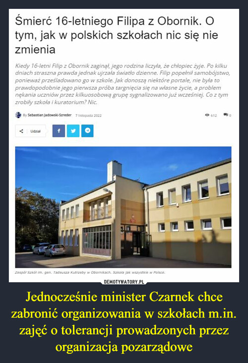 Jednocześnie minister Czarnek chce zabronić organizowania w szkołach m.in. zajęć o tolerancji prowadzonych przez organizacja pozarządowe