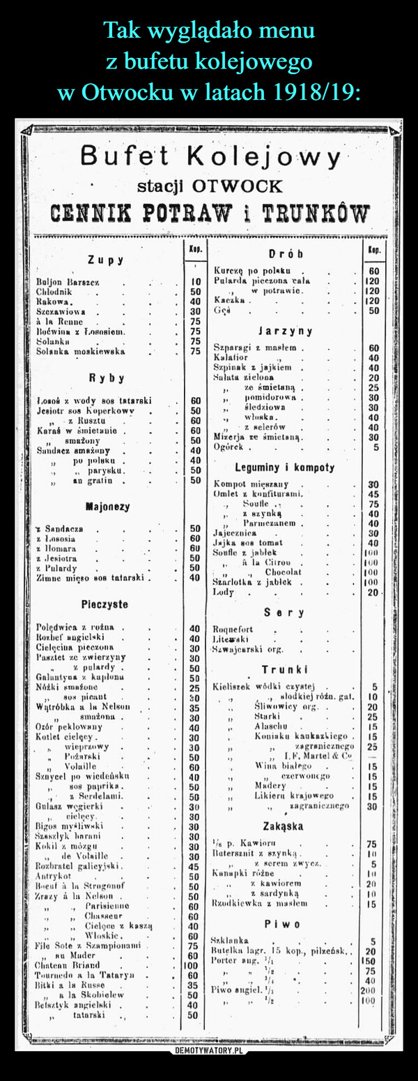 Tak wyglądało menu
z bufetu kolejowego
w Otwocku w latach 1918/19: