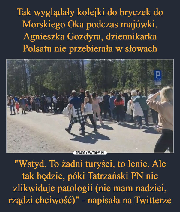 Tak wyglądały kolejki do bryczek do Morskiego Oka podczas majówki. Agnieszka Gozdyra, dziennikarka Polsatu nie przebierała w słowach "Wstyd. To żadni turyści, to lenie. Ale tak będzie, póki Tatrzański PN nie zlikwiduje patologii (nie mam nadziei, rządzi chciwość)" - napisała na Twitterze