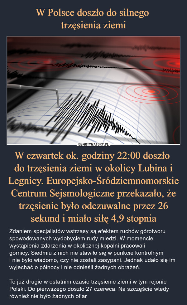 W czwartek ok. godziny 22:00 doszło do trzęsienia ziemi w okolicy Lubina i Legnicy. Europejsko-Śródziemnomorskie Centrum Sejsmologiczne przekazało, że trzęsienie było odczuwalne przez 26 sekund i miało siłę 4,9 stopnia – Zdaniem specjalistów wstrząsy są efektem ruchów górotworu spowodowanych wydobyciem rudy miedzi. W momencie wystąpienia zdarzenia w okolicznej kopalni pracowali górnicy. Siedmiu z nich nie stawiło się w punkcie kontrolnym i nie było wiadomo, czy nie zostali zasypani. Jednak udało się im wyjechać o północy i nie odnieśli żadnych obrażeń.To już drugie w ostatnim czasie trzęsienie ziemi w tym rejonie Polski. Do pierwszego doszło 27 czerwca. Na szczęście wtedy również nie było żadnych ofiar WwwwmummansinwwSwww.