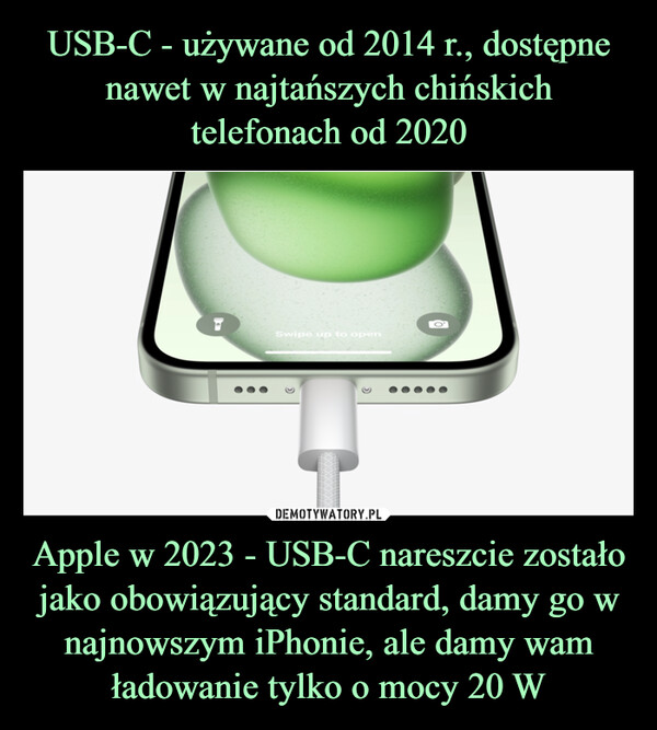 Apple w 2023 - USB-C nareszcie zostało jako obowiązujący standard, damy go w najnowszym iPhonie, ale damy wam ładowanie tylko o mocy 20 W –  Swipe up to openCO